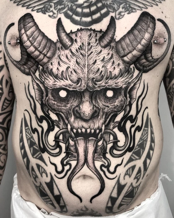 Blackwork Demon, Horns tattoo on Chest