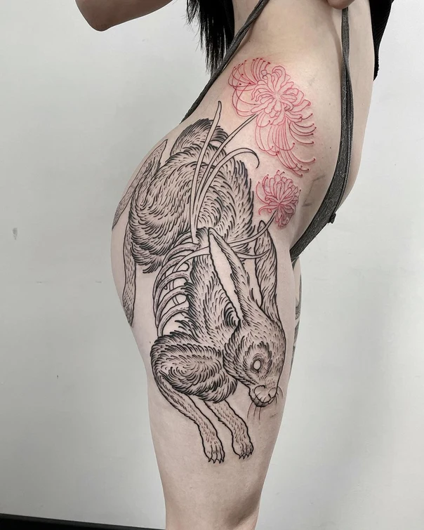 Illustrative Rabbit, Flowers tattoo on Thigh