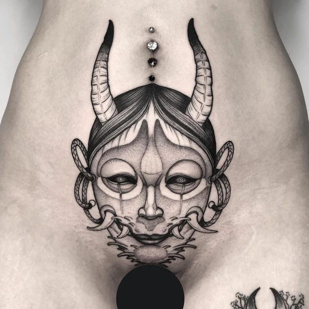 Blackwork Mask, Horns tattoo on Stomach