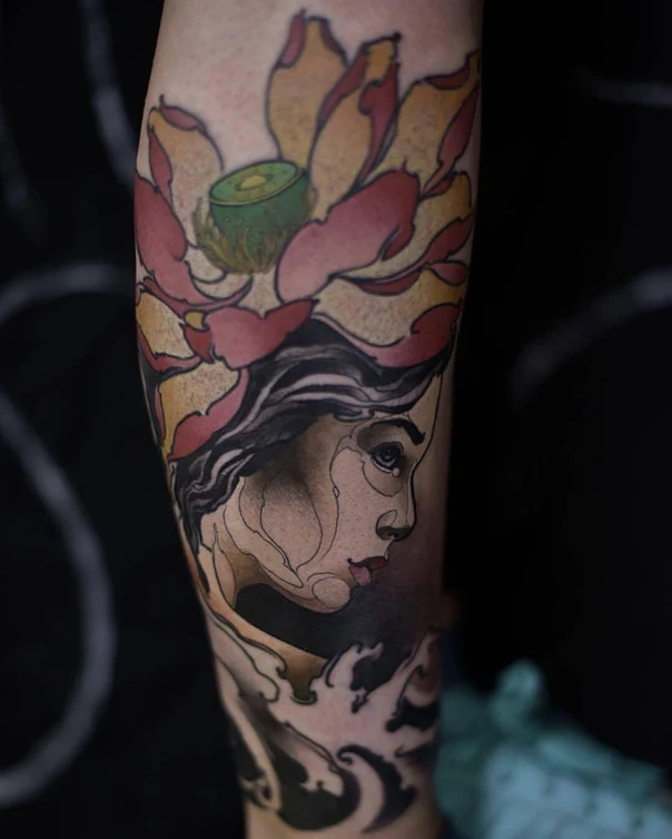 Illustrative Lotus, Woman tattoo on Forearm