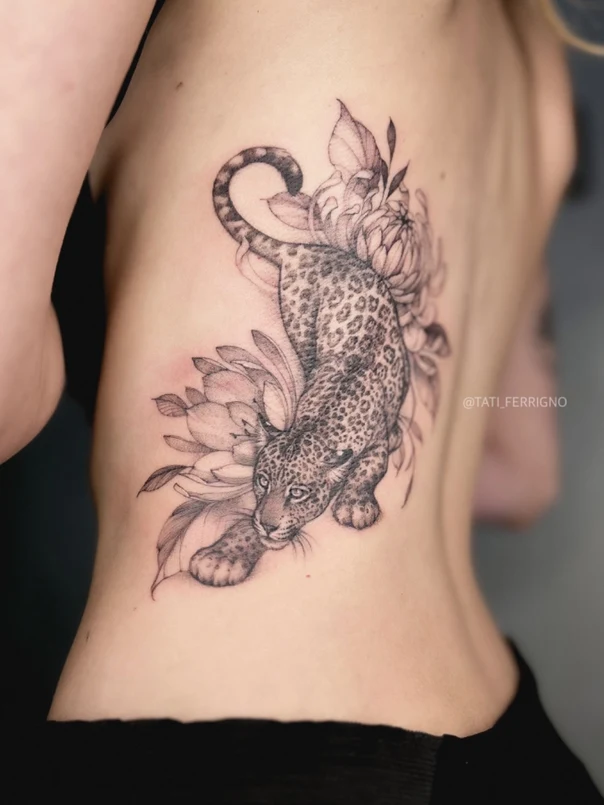 Realism Leopard, Flowers tattoo on Side