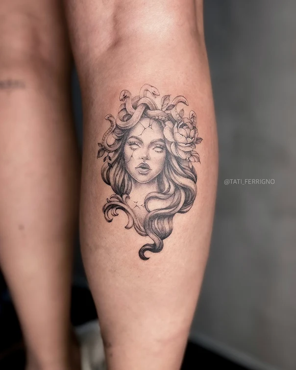 Black & Grey Medusa, Floral tattoo on Thigh