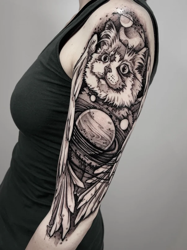 Blackwork Cat, Space tattoo on Full Sleeve