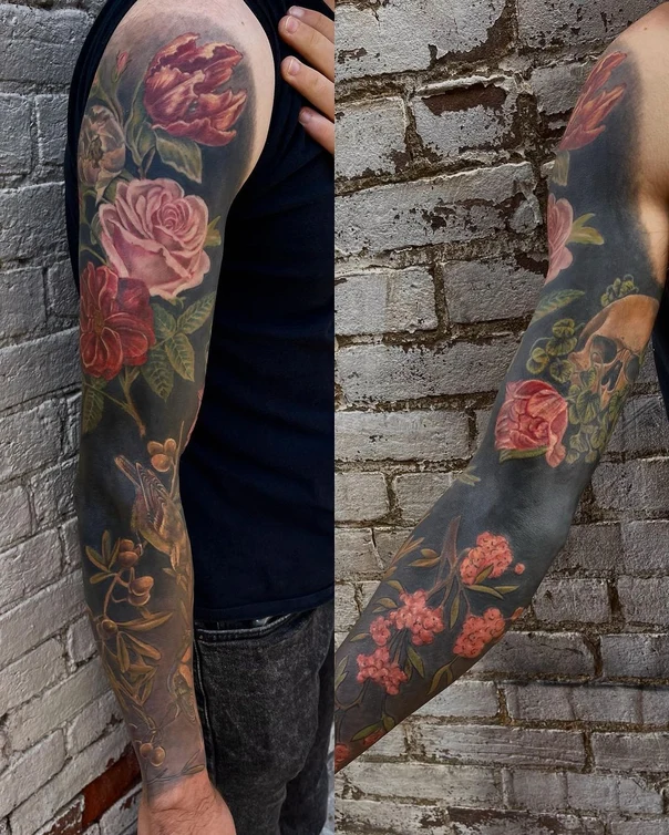Botanic Flowers, Skull tattoo on Full Sleeve