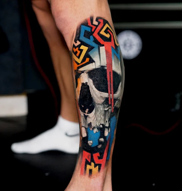 Abstract Skull tattoo on Calf