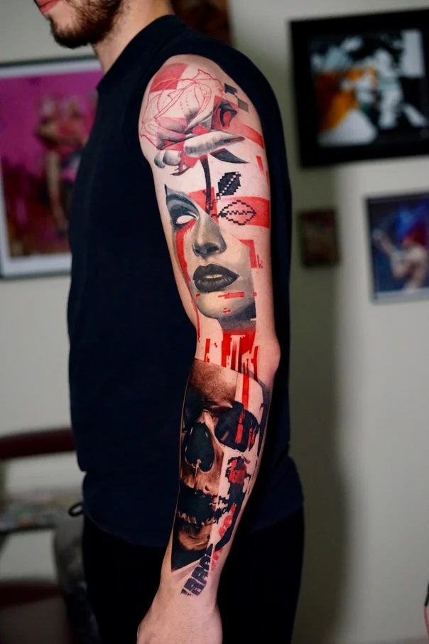 Abstract Skull, Face tattoo on Full Sleeve