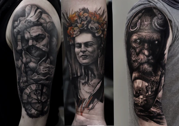 Realism Portrait, Clock tattoo on Full Sleeve