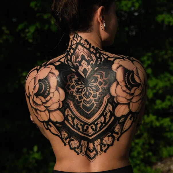 Blackwork Mandala, Flower tattoo on Full Back