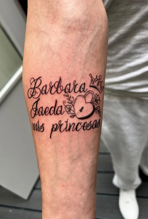 Calligraphy Lettering, Heart tattoo on Forearm
