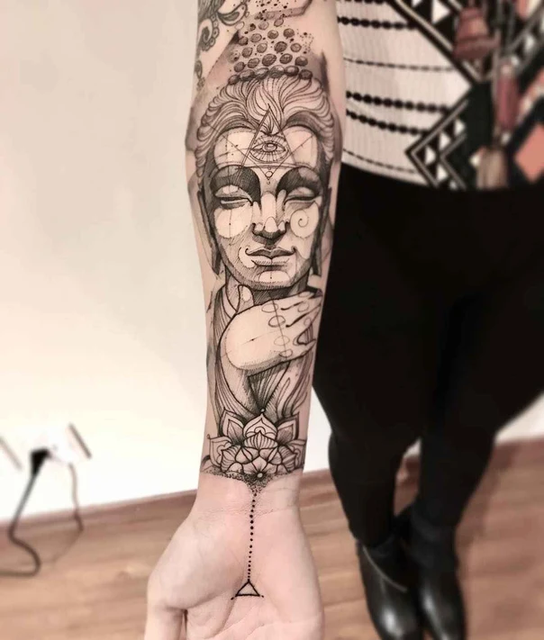 Blackwork Buddha, Lotus tattoo on Forearm