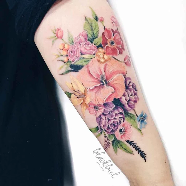 Watercolor Flowers, Bouquet tattoo on Forearm