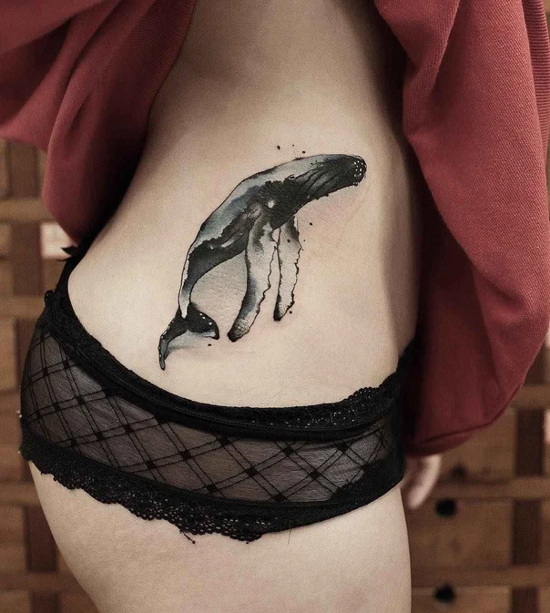 Watercolor Whale tattoo on Hip