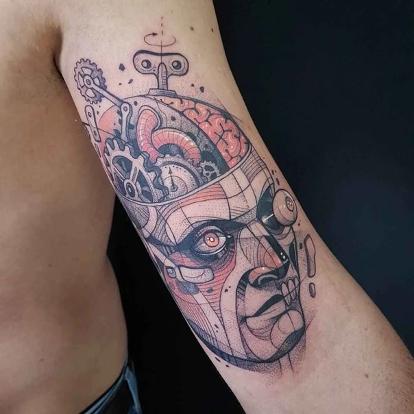 Biomechanical Brain, Gears tattoo on Forearm