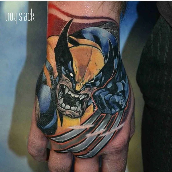 Comic Wolverine, Superhero tattoo on Back of Hand