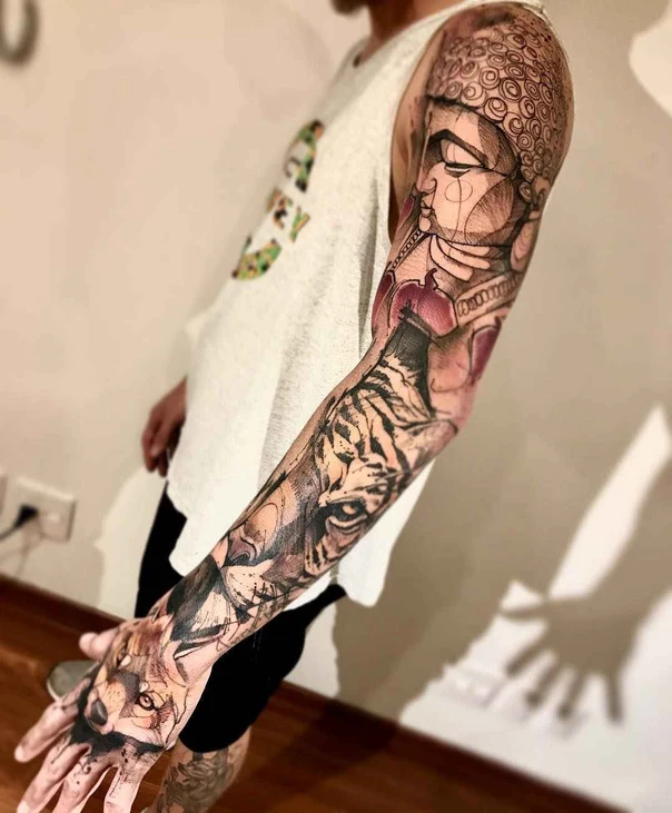 Illustrative Buddha, Tiger tattoo on Full Sleeve