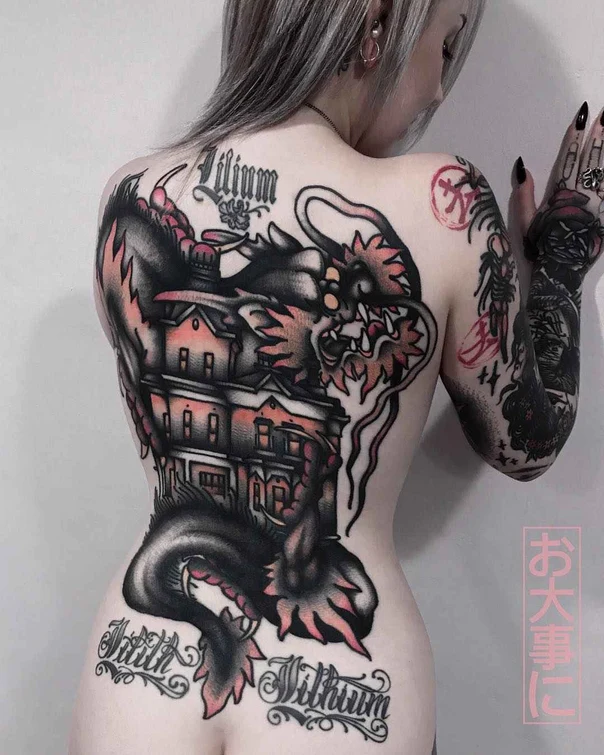 Neo Traditional Dragon, Building tattoo on Full Back