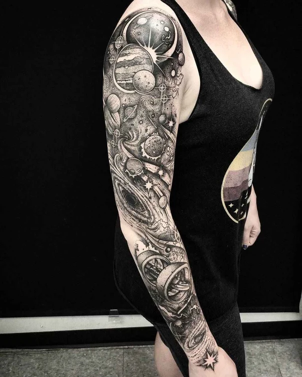 Black & Grey Planets, Stars tattoo on Full Sleeve
