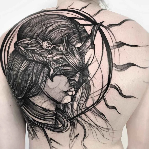 Blackwork Portrait, Mask tattoo on Upper Back