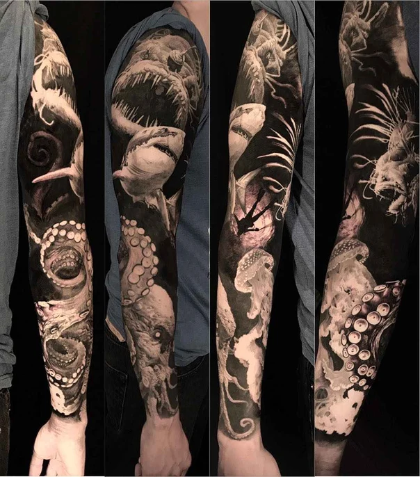 Blackwork Octopus, Shark tattoo on Full Sleeve