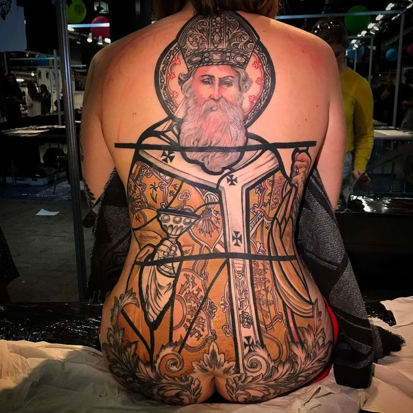 Illustrative Religious, Portrait tattoo on Full Back