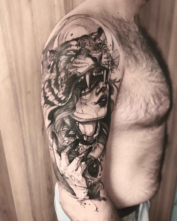 Black & Grey Tiger, Portrait tattoo on Full Sleeve