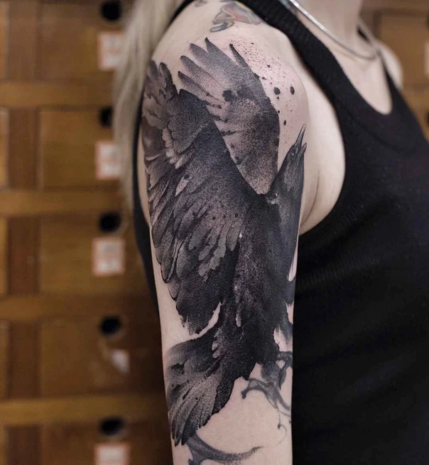 Blackwork Raven, Bird tattoo on Upper Arm