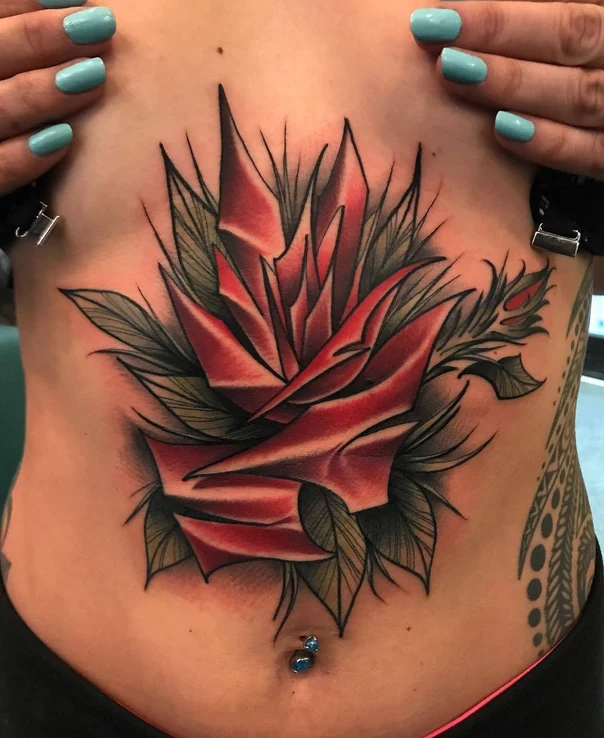 Neo Traditional Rose, Floral tattoo on Stomach