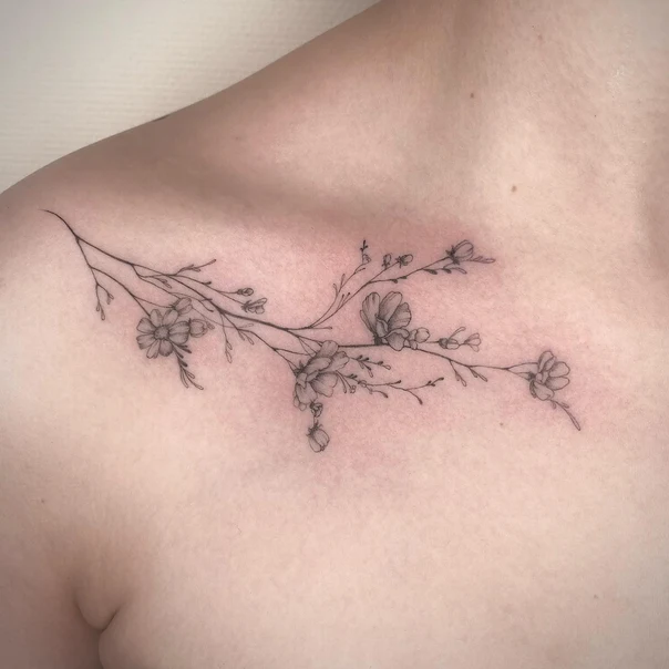 Fineline Flowers, Branch tattoo on Collarbone