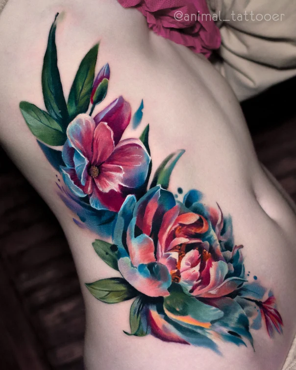 Watercolor Flowers, Botanic tattoo on Side