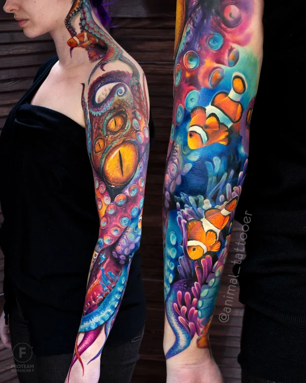 Illustrative Octopus, Clownfish tattoo on Full Sleeve