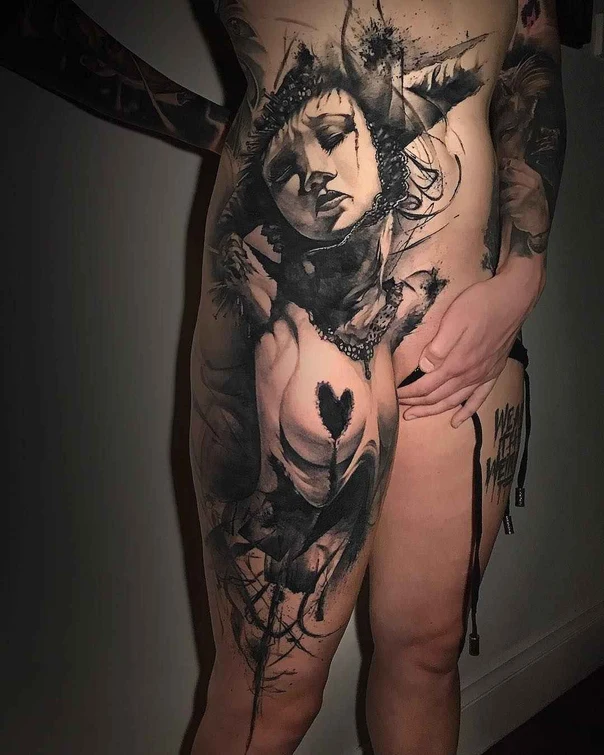 Blackwork Portrait, Heart tattoo on Thigh