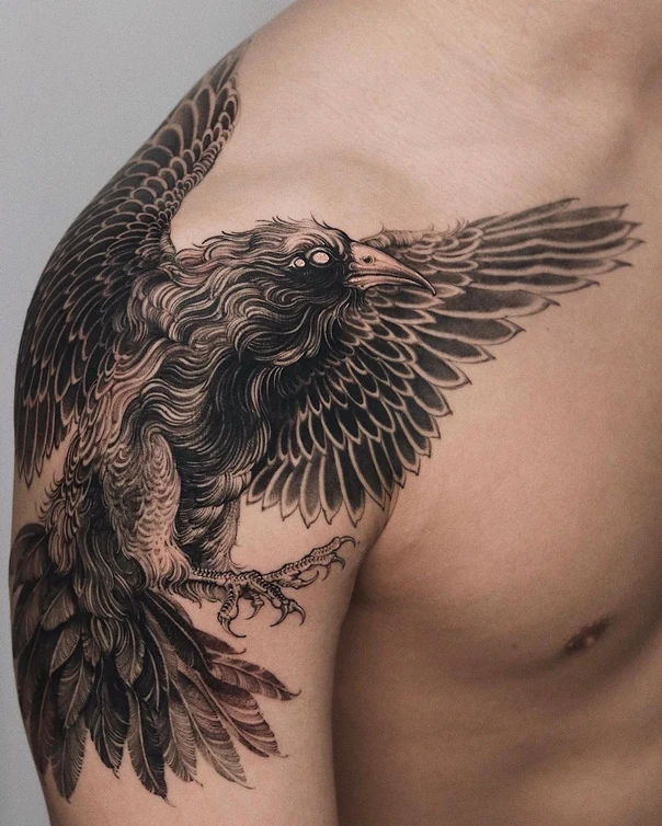 Blackwork Bird, Raven tattoo on Shoulder