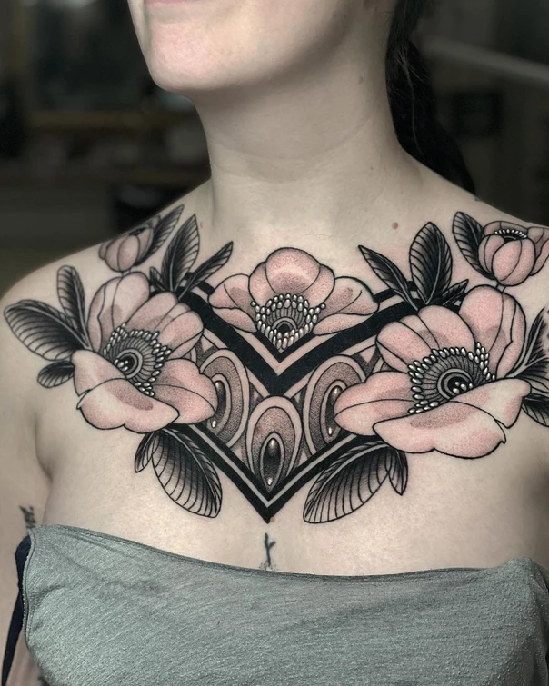 Botanic Flowers, Leaves tattoo on Chest