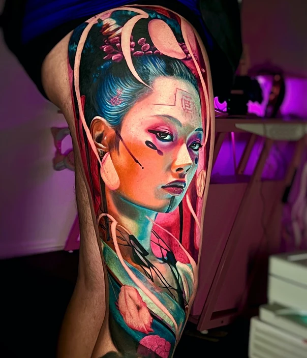 Realism Geisha, Floral tattoo on Thigh
