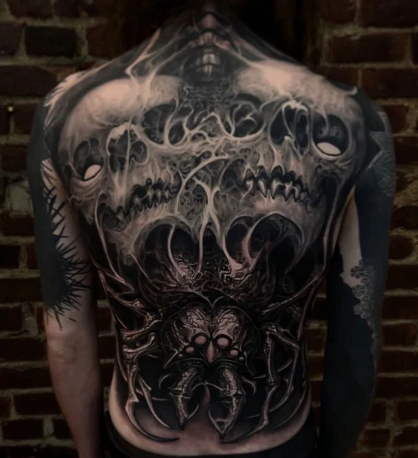 Biomechanical Skull, Spider tattoo on Full Back
