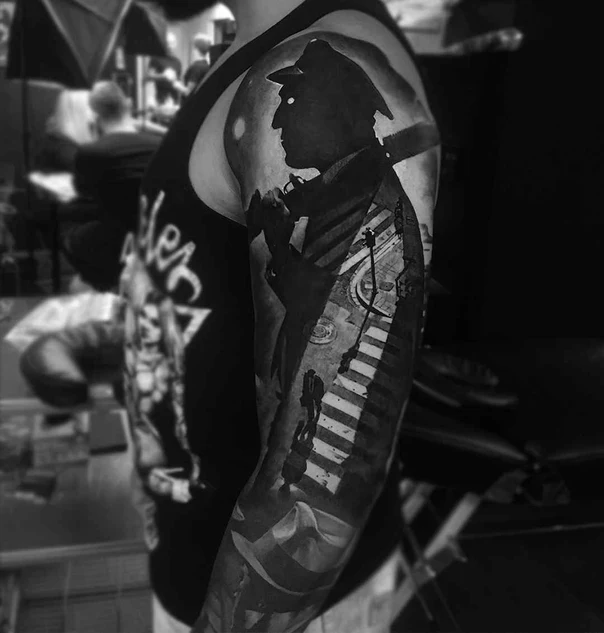 Black & Grey Silhouette, Cityscape tattoo on Full Sleeve