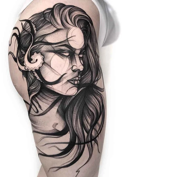 Blackwork Woman, Octopus tattoo on Thigh