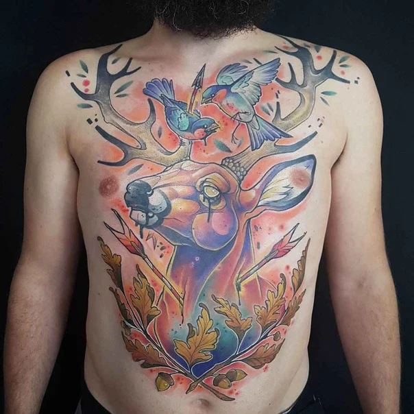 Illustrative Deer, Birds tattoo on Chest