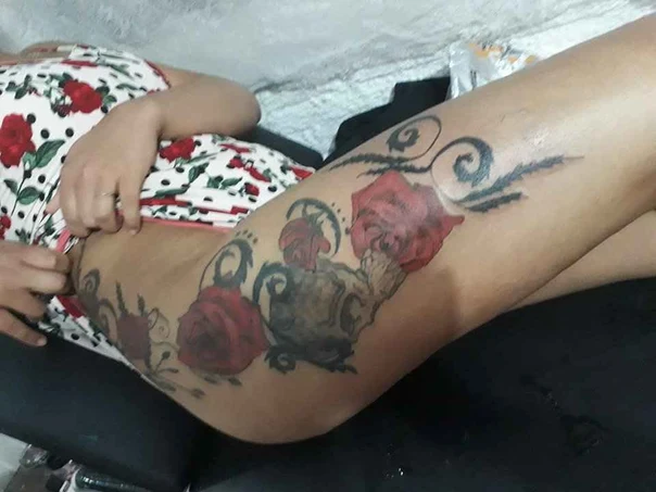 Neo Traditional Roses, Floral tattoo on Thigh