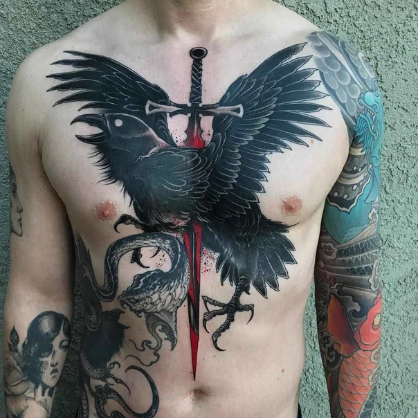 Blackwork Raven, Sword tattoo on Chest