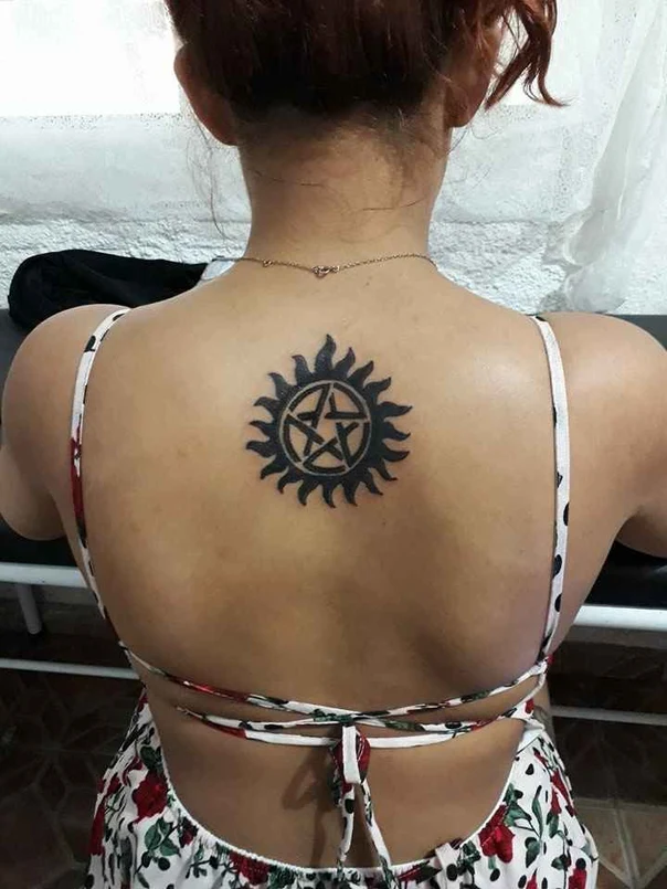Blackwork Sun, Pentagram tattoo on Upper Back