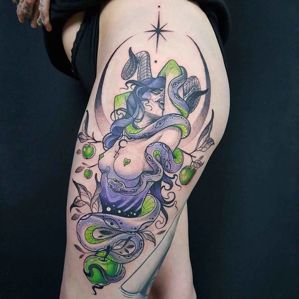 Illustrative Woman, Snake tattoo on Thigh