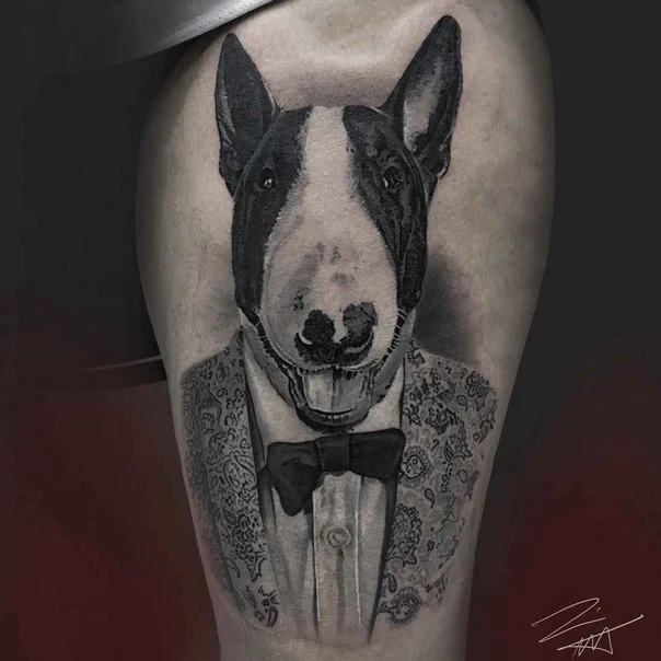 Black & Grey Dog, Animal tattoo on Thigh