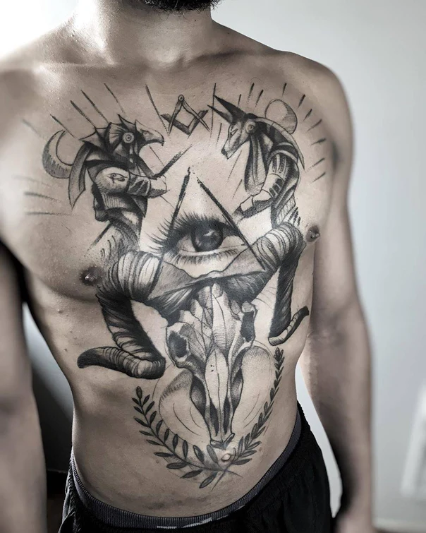 Black & Grey Eye, Skull tattoo on Chest