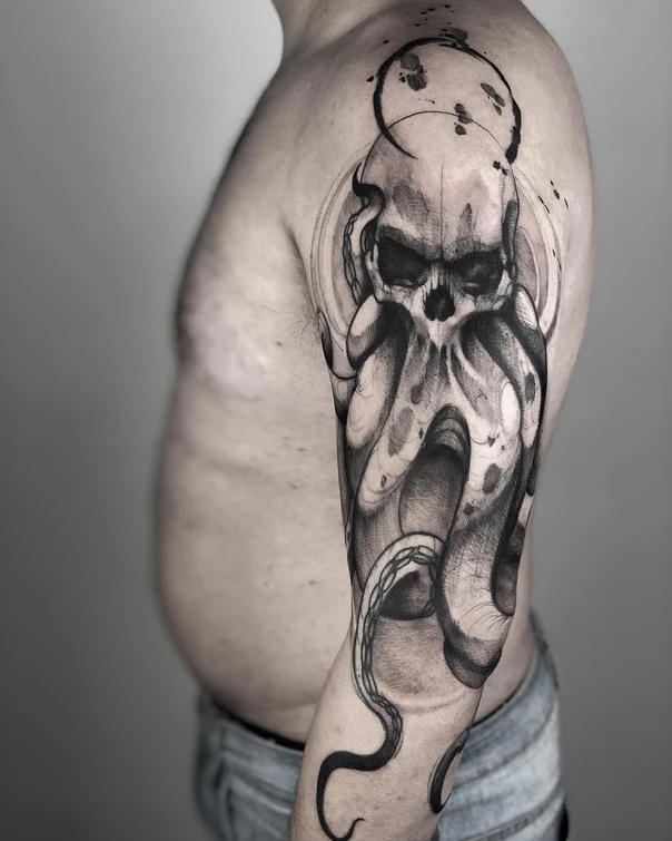 Blackwork Skull, Octopus tattoo on Full Sleeve
