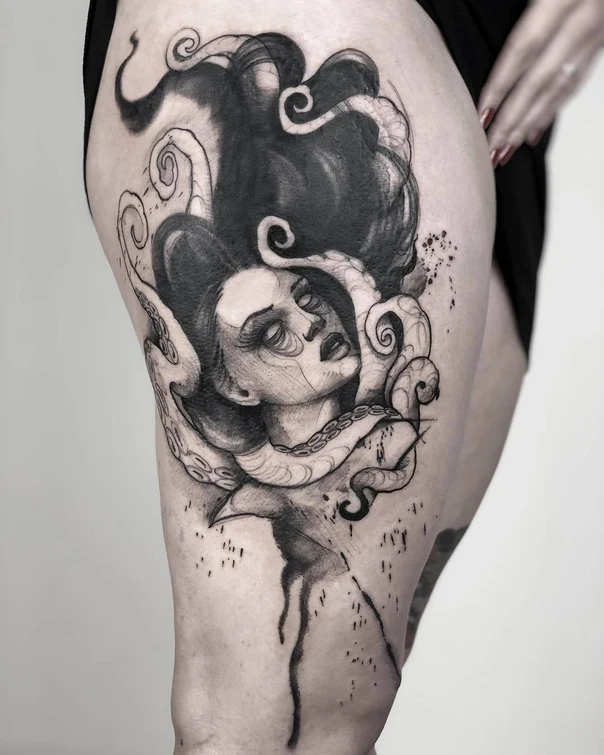 Blackwork Woman, Octopus tattoo on Thigh