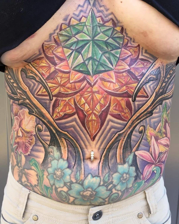 Geometric Mandala, Flowers tattoo on Stomach