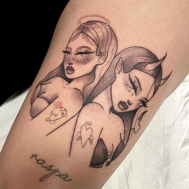 Fineline Angel, Devil tattoo on Thigh