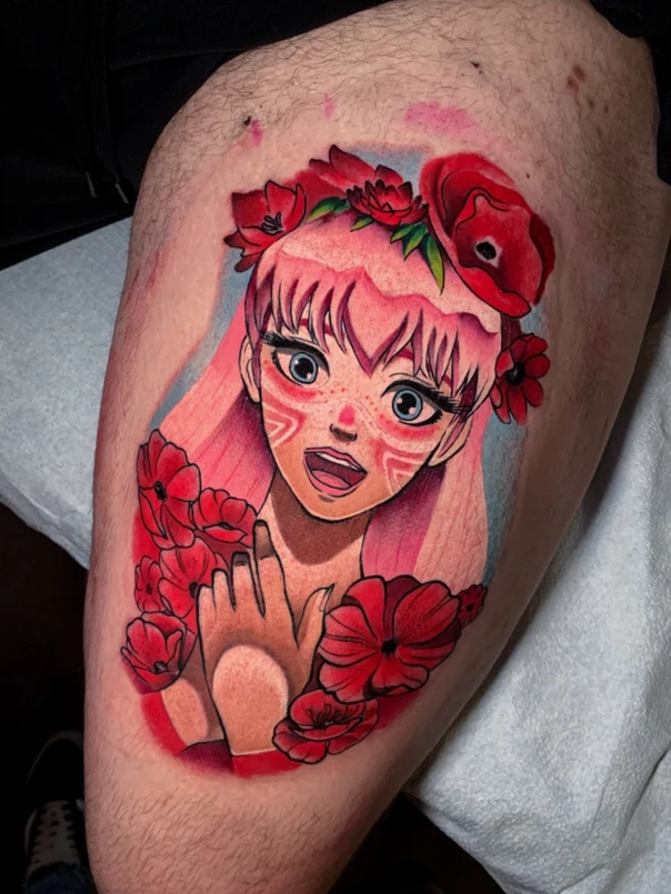 Anime Flowers, Portrait tattoo on Thigh