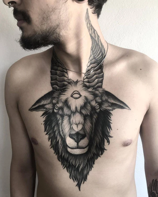 Black & Grey Goat, Eye tattoo on Chest